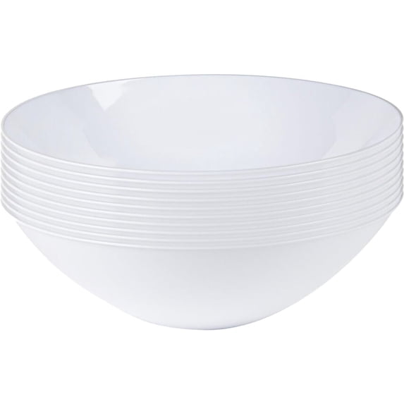 (50 PACK) EcoQuality 16 oz White Plastic Round Bowls with Silver Rim - Disposable Plastic Soup Bowls, Heavy Duty Plastic Salad Bowls, Dessert Bowl for Baby Showers, Weddings, Birthday Party