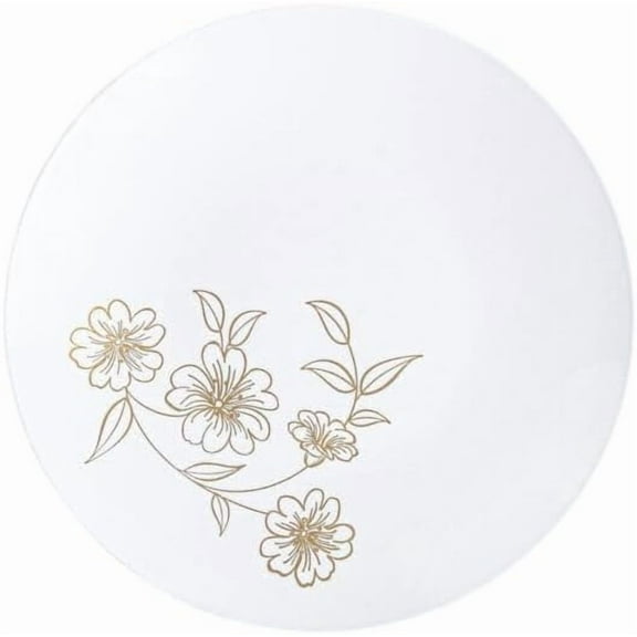 (50 PACK) EcoQuality 6" inch Round White Plastic Plates with Gold Primrose Design - Disposable China Like Party Plates, Heavy Duty Dessert Plates, Salad Plate, Dinners, Wedding, Serveware