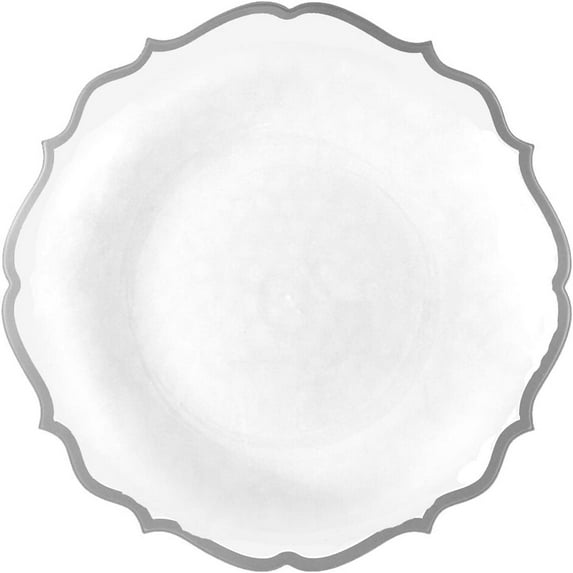 (50 PACK) EcoQuality 7.5" inch Round White Plastic Plates with Silver Rim Modern Design - Heavy Duty Large Disposable Charger Dinner Plate Weddings, Salad Plate, Tableware, China Like Party Plates