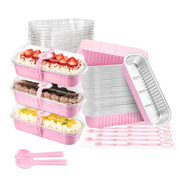 50 PACK Mini Cake Pans with Lids and Spoons,Rectangular Aluminum Foil Bread Pan,Mini Loaf Pans and Food Containers with Lids(Pink,6.8oz)