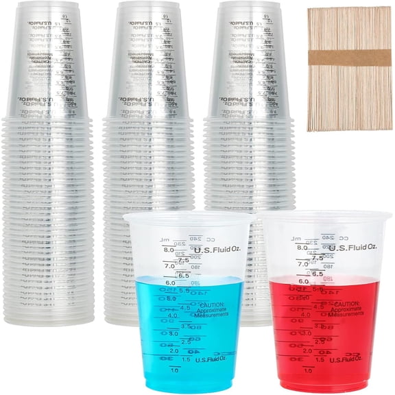 50 PACK Plastic Measuring Cups, 8 oz Disposable Mixing Cups with 50 Wooden Mixing Sticks, Can Be Used for Epoxy Resin, Liquid Measuring, Paint, Cooking and Baking