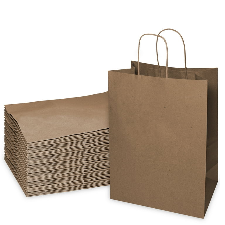 50ct Prime Line Packaging- Small Black Kraft Paper Gift Bags with Handles for Retail Stores 50 Pack 8x4x10