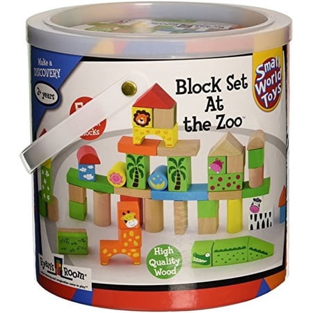 Small World Toys At the Zoo Wooden Building Blocks Set, 50 Piece Animal Block Construction Toy with Storage Bucket, Ages 2+.