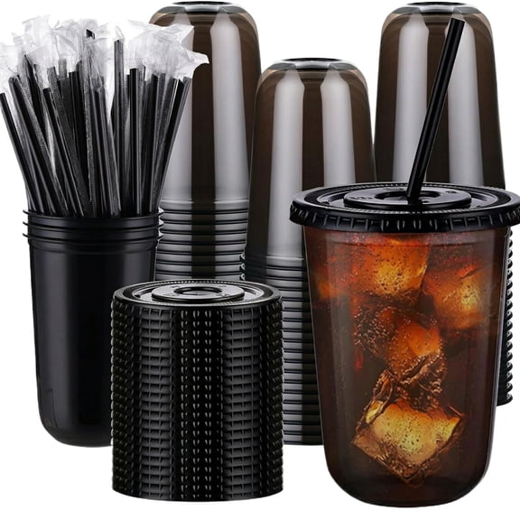 50 PC Plastic Cups with Lids and Straws, 16oz Disposable Iced Coffee Cups, Black Transparent