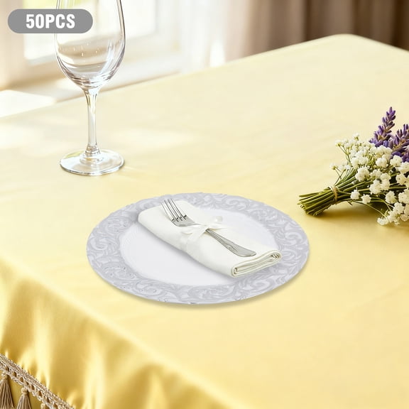 50 PCS 13in European Retro Antique Charger Plates White+Silver Plastic Decorative Plate for Table Dinner Kitchen Party