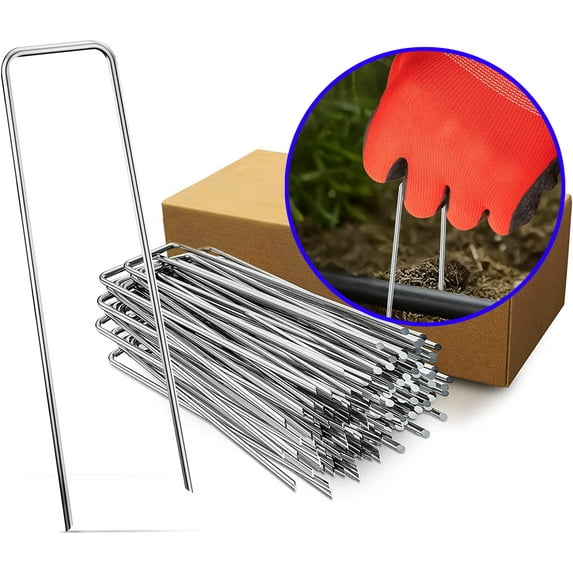 50 PCS 6 Inches Galvanized Garden Staples Garden Stakes Plant Cover Tent Stakes U-Shaped Pins for Weed Barrier Fabric Landscape Ground Cover Lawn