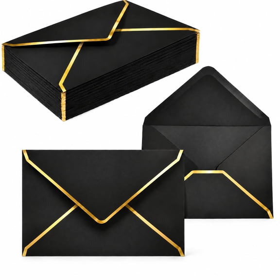 KTUYPOER 50 Pcs A7 Black Envelopes with Gold Border, 5 x 7 " V-Flap Gummed Seal for Invitations