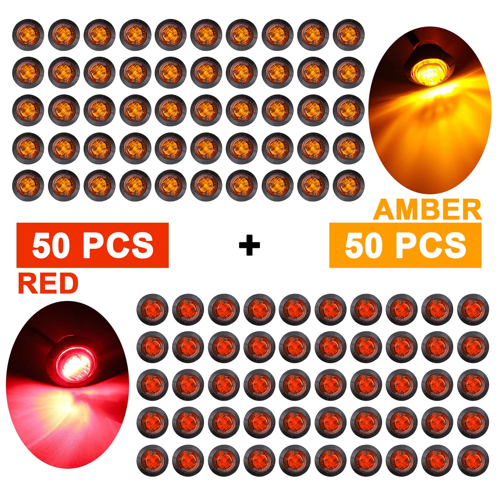 50 Pcs Amber 50 Pcs Red Trailer Led Marker Light 3 4 12v Round Truck Side Bullet Light