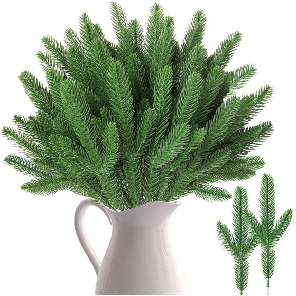 50 PCS Artificial Pine Branches, Christmas Faux Pine Greenery Stems, Cedar Pine Needles Picks for Christmas Tree Wreath Garland, Crafts Christmas Home Decoration
