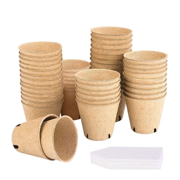 50 PCS Biodegradable Peat Pots, 8x8cm Seed Starter Pots Seedling Pots Plant Nursery Pots Germination Pots With 50 Plant Labels Drainage Holes for Vegetables Flowers Herbs Greenhouse,Brown,8x8cm