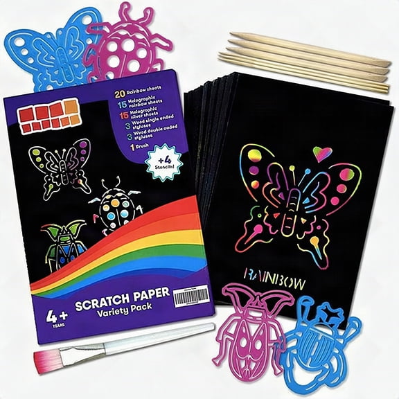 50 PCS Black Scratch Paper Set Art Craft Rainbow for Kids with 4 Unique Stencils