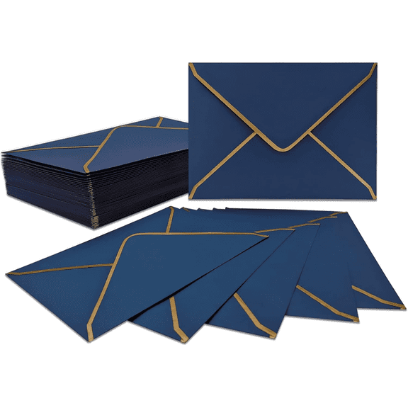 50 PCS A7 Blue Invitation Envelopes, 5 x 7 inch V-Flap Quick Seal Envelopes with Gold Border for Weddings, Birthdays, Graduations & Greeting Cards