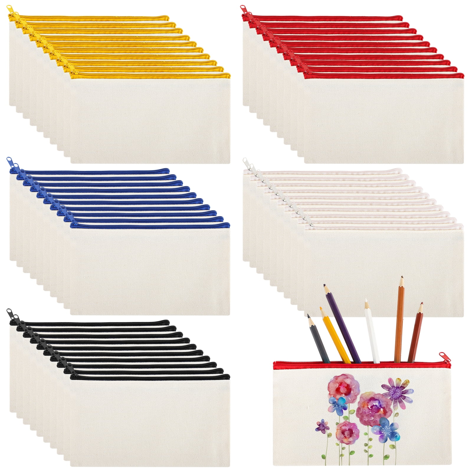 50 PCS Canvas Zipper Pencil Pouches, DIY Blank Canvas Makeup Bag, 8.1 x ...