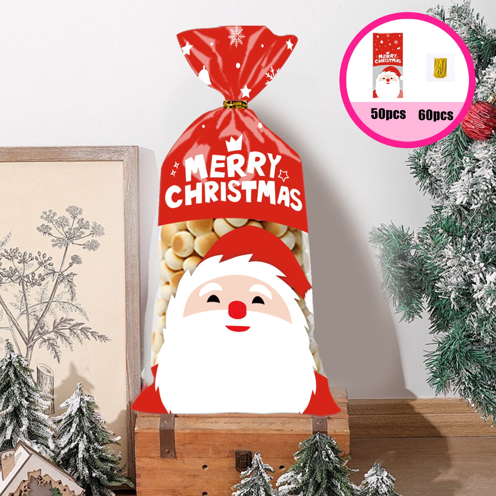 50 PCS Christmas Cellophane Treat Bags, Christmas Treat Bags with Ties ...