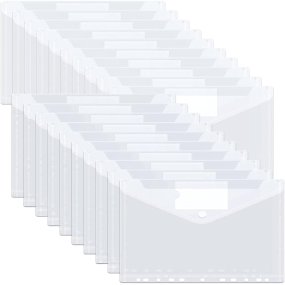 50 PCS Clear Binder Pockets for 3 Ring Binder Folders with Pockets and Holes, Plastic Envelopes with Snap Closure, A4 Size Binders Inserts for 2/3/4 Ring Document Storage
