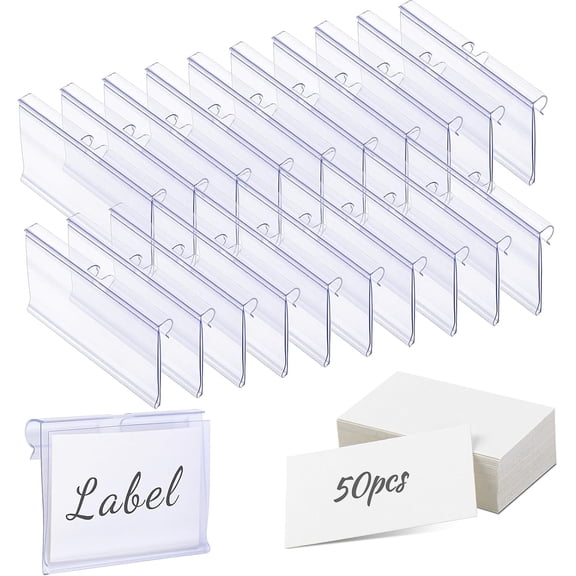 50 PCS Clear Plastic Label Holders for Wire Shelf Retail Price Label, Basket Bin Labels Clip On, Labels for Storage Bins, Merchandise Sign Display Holder for Supermarket,Label Papers Included