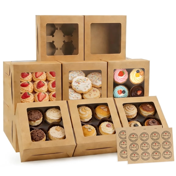 50 PCS Cupcake Boxes, 6.3 x 6.3 x3 Inch Brown Cookie Boxes with Window, Kraft Paper Cupcake Boxes with Insert 4 Cavity for Muffins Cookies Cupcakes Macarons Donuts, Treat Boxes with Stickers