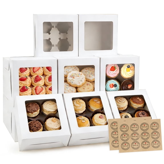 50PCS Brown Cupcake Boxes with Window 6.3x6.3x3", 4-Cavity Treat Boxes With Stickers for Small Cookies Dessert Pastry Donuts Macaroon Strawberries Chocolate Candy -White