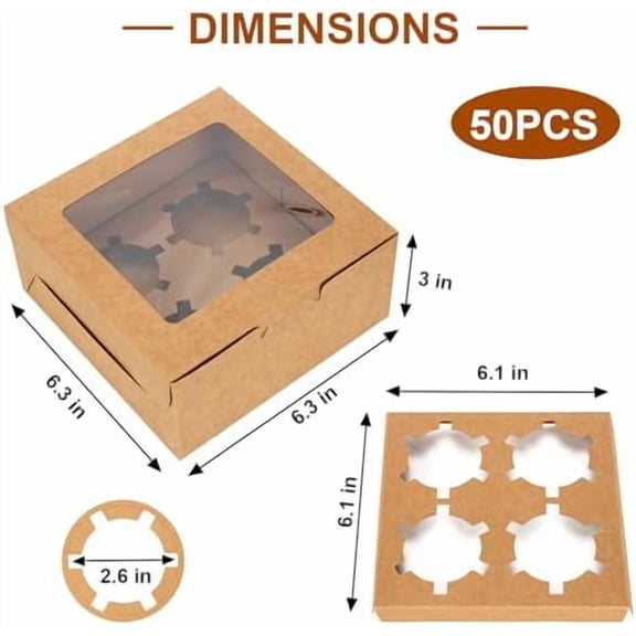 50 PCS Cupcake Boxes with Window, 6x6x3 Inch Cookie Boxes, Brown Bakery Containers for Pastry, Dessert, Chocolate Strawberries, Treat Boxes with Stickers & Jute Twine
