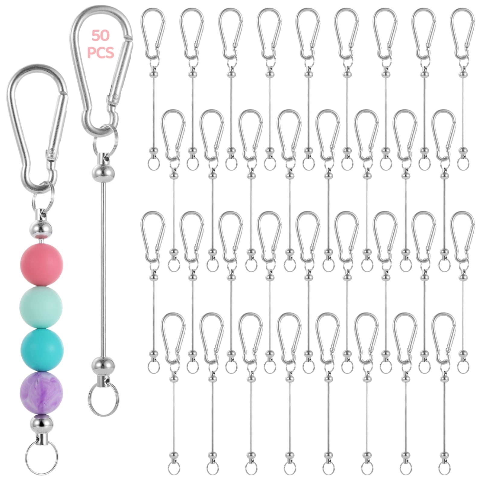 50 Pcs D-Ring Keychain Hooks, Beadable Carabiner Clips for DIY Beaded Keychains, Water Bottle Loops, Backpack, Dog Tag Chains, Outdoor Gear Accessories