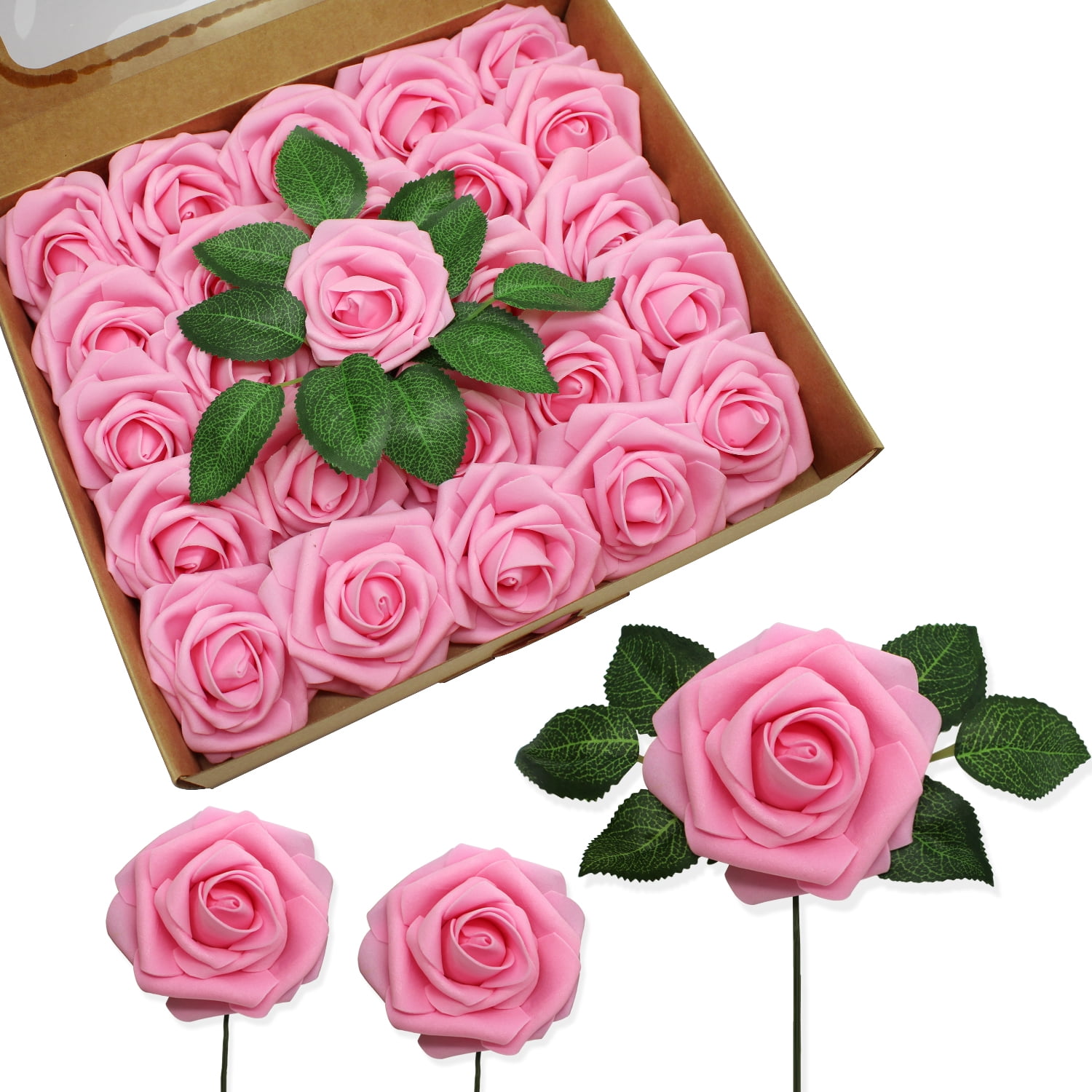 50 PCS Dark Pink Artificial Flowers Real Looking Faux Foam Fake Roses with Stems for Wedding Decoration Bridal Shower Centerpieces Arrangements Party Tables Decor