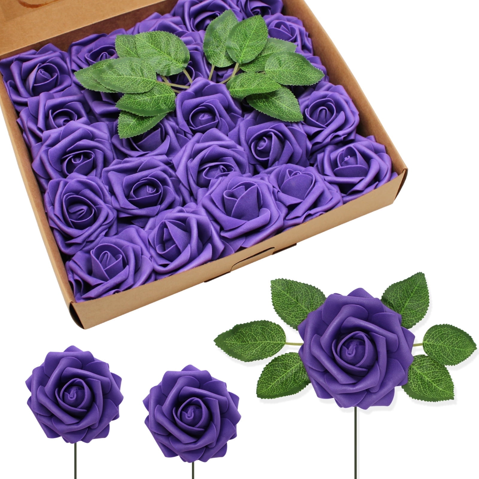 50 PCS Dark Purple Artificial Flowers Real Looking Faux Foam Fake Roses with Stems for Wedding Decoration Bridal Shower Centerpieces Arrangements Party Tables Decor