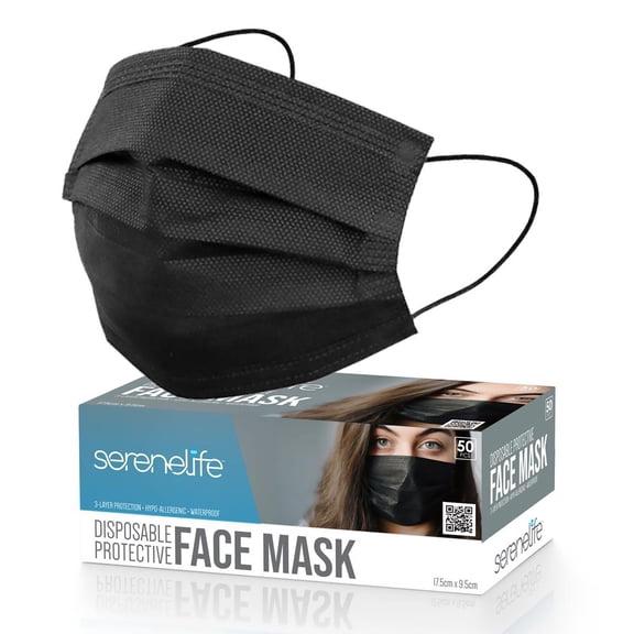 SereneLife 50 Pack Disposable Face Masks, 3-Ply Breathable Non-Woven Fabric with Comfortable Earloops, Lightweight Daily Use Protective Masks for Adults (Black)