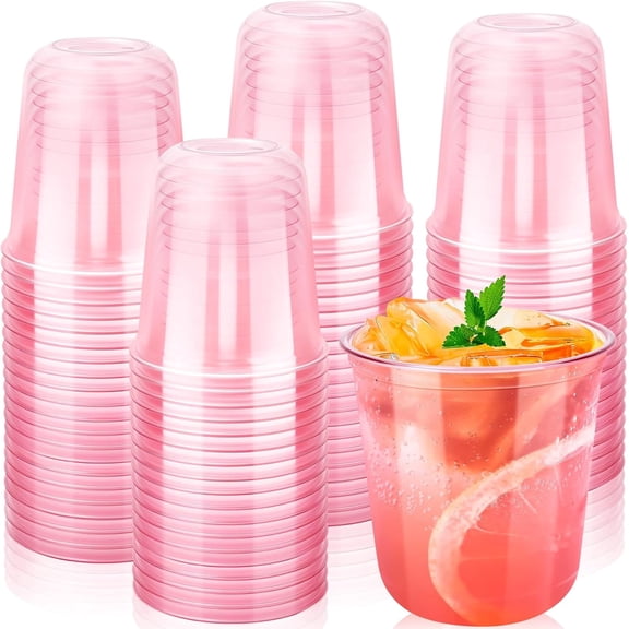 50 PCS Disposable Stemless Glasses, 12oz Pink Drinking Cups, Plastic Party Cups, Clear Plastic Wine Glasses for Birthday, Wedding, Christmas, Cocktail