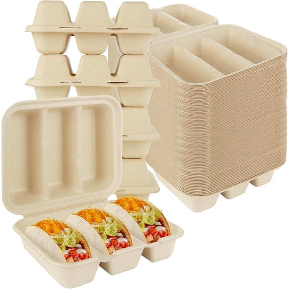 50 PCS Disposable Taco Holders with Lids Taco Plates with 3 Dividers Taco Trays Disposable To Go Taco Holders for Party Pulp Fiber To Go Taco Containers Taco Bar Serving Set for a Party