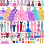 50 PCS Doll Clothes and Accessories 3 Wedding Gowns 3 Tops 3 Pants 3 Fashion Dresses 1 Evening Dresses 2 Swimsuits Bikini 6 Braces Skirt 10 Hangers 15 Shoes and 14 Accessories Toys for 11.5 inch Doll