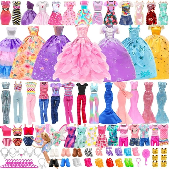 50 PCS Doll Clothes and Accessories 3 Wedding Gowns 3 Tops 3 Pants 3 Fashion Dresses 1 Evening Dresses 2 Swimsuits Bikini 6 Braces Skirt 10 Hangers 15 Shoes and 14 Accessories Toys for 11.5 inch Doll
