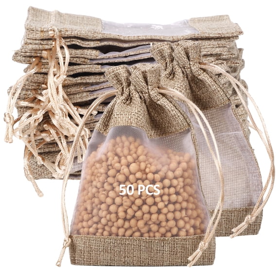 50 PCS Drawstring Burlap Bags, 5.5 x 3.7 in Small Mesh Jute Present Sacks, Reusable Present Favor Pouches for Wedding, Bridal Shower, Birthday Party, Craft Packaging Supplies