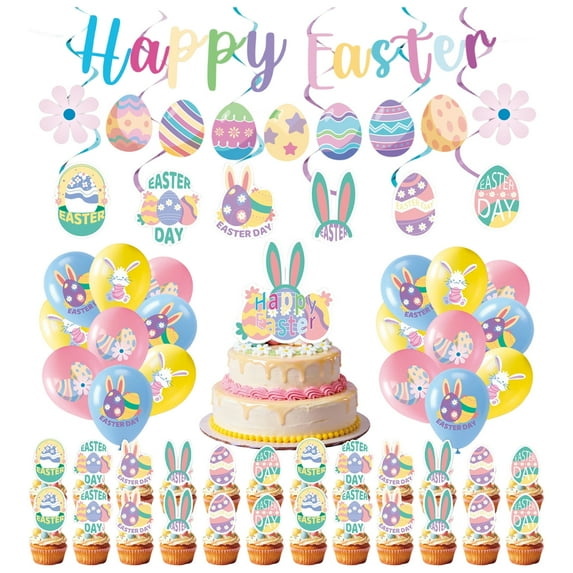 50 PCS Easter Birthday Paper Plates & Napkins Sets,Easters Dinnerware/Tableware Sets Including Cups Straws Plastic Cutlery Banner Disposable Tablecloth for Easter Party Supplies Decor