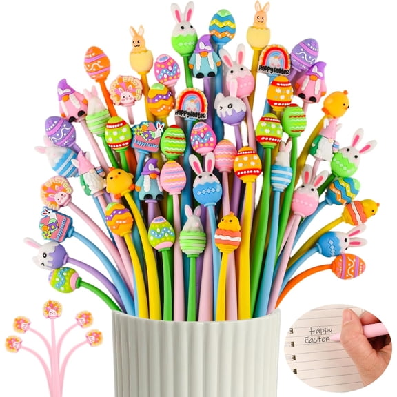 50 PCS Easter Stress Relief Bobblehead Pens, Kawaii Easter Eggs Rabbit Chicken Rainbows Gnome Shape Pen, Fun Cute Fidget Pens for Classroom Prizes Office Supplies