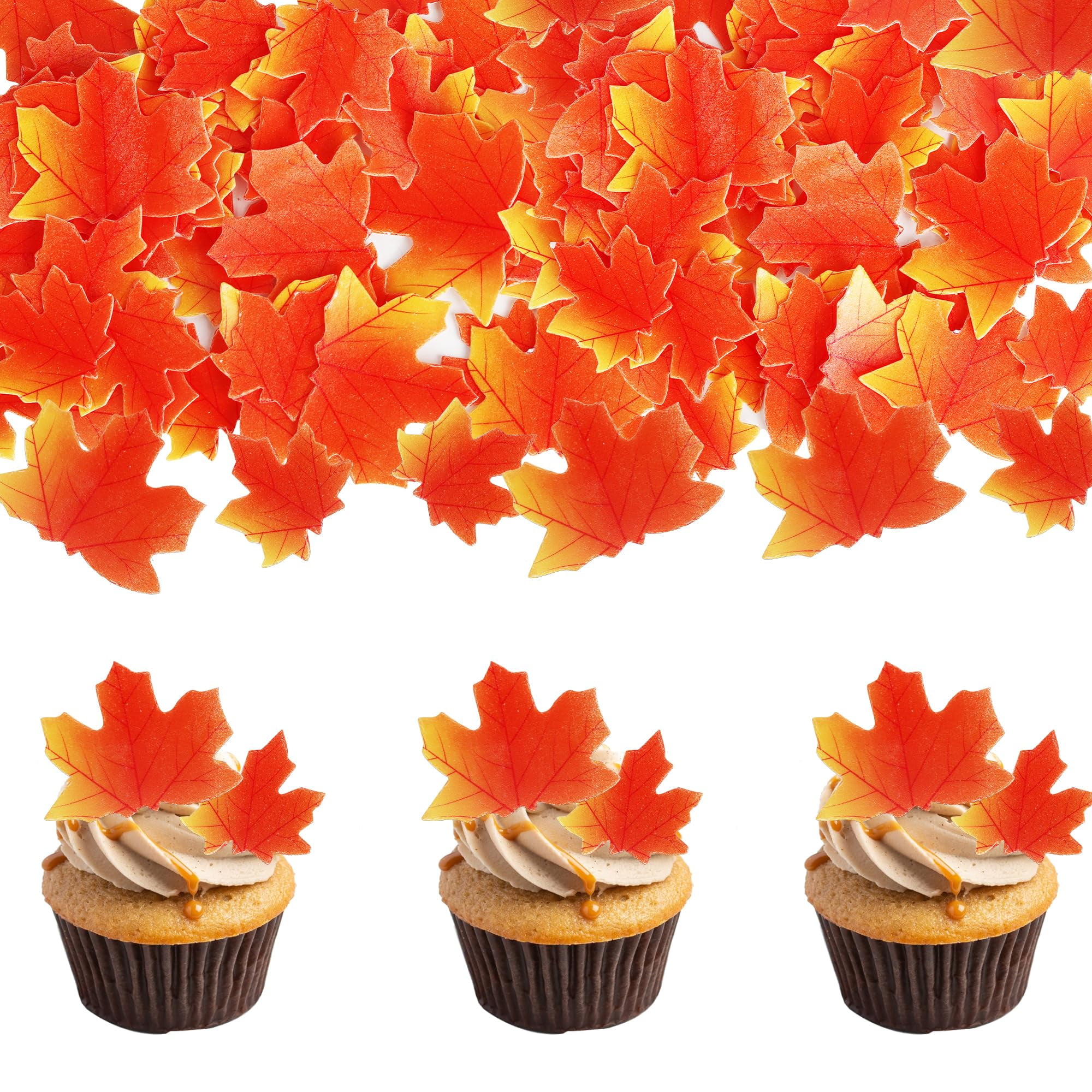 50 PCS Edible TWE5 Fall Leaves Cupcake Toppers Wafer Maple