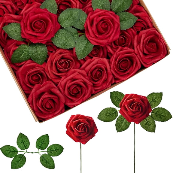 50 PCS Fake Flowers, Centerpiece Table Decorations, Fake Roses, Dark Red Fake Roses, Flowers for Decoration DIY Wedding Bouquets Bridal Shower Party Flower Arrangements Valentine's Day Christmas, Red