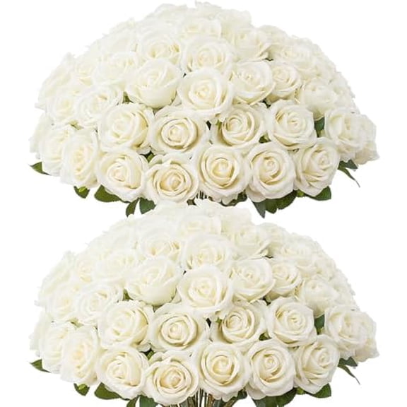 50 PCS Fake White Roses, Artificial White Flowers Bulk Realistic Silk Faux Roses with Stems for Wedding Decorations Table Centerpieces Bridal Bouquet DIY Floral Arrangement Event Party Home Decor