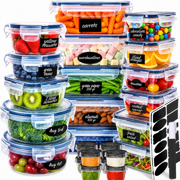 50-PCS Food Storage Containers with Lids, Airtight Plastic Food Storage Containers with Lids, Meal Prep Lunch Containers Set with Sauce Cups, Labels & Pen, Microwave Safe Food Containers for Pantry