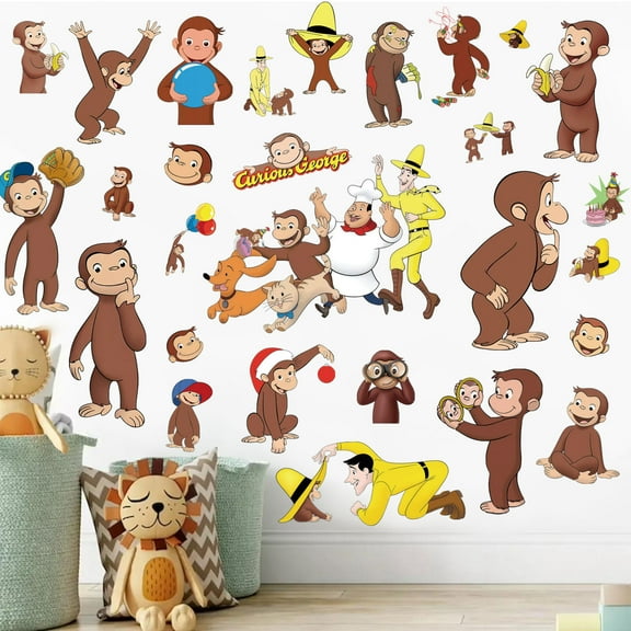 50 PCS For Curious George Theme Wall Stickers,4 Sheets 17x9 inch Removable PVC Decals,DIY Wall Decor for Boys and Girls Bedroom Playroom Living Room