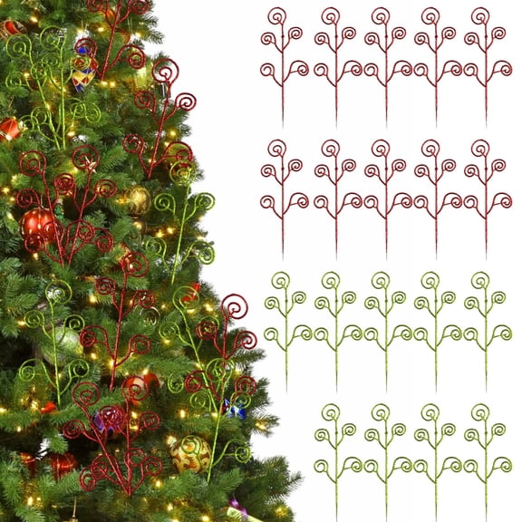 50 PCS Glitter Spiral Christmas Tree Picks, 11.8 x 9 inch Red and Green Candy Shape Tree Branch Decorations, Sparkle Curly Ornament Stems, Holiday Wreath Vase Filler Christmas Tree Party Decor