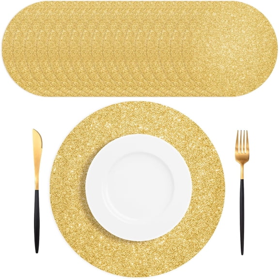 50 PCS Gold Placemats Disposable, Round Sparkle Table Place Mats, 13.5" Inch Shiny Golden Place Mats, for Birthday Summer Wedding Anniversary Bride Party Home Dining Tableware