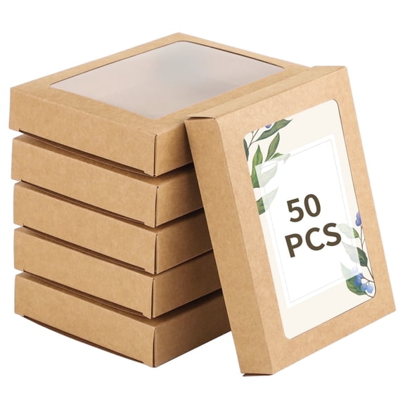 50 Pack Greeting Card Storage Box  Kraft Paper Box with PVC Clear Window, Postcard Display Holder Bulk, Ideal for Photos, Envelopes, Candy & Small Gifts (4.5 x 6 x 1 in)