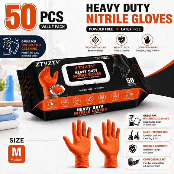 50 PCS HeavyDuty Disposable Nitrile Gloves, Diamond Textured Surface, PowderFree LatexFree, MultiUse for Mechanics, Plumbing, Garden, Household, Industrial and Food Prep,Orange, Medium