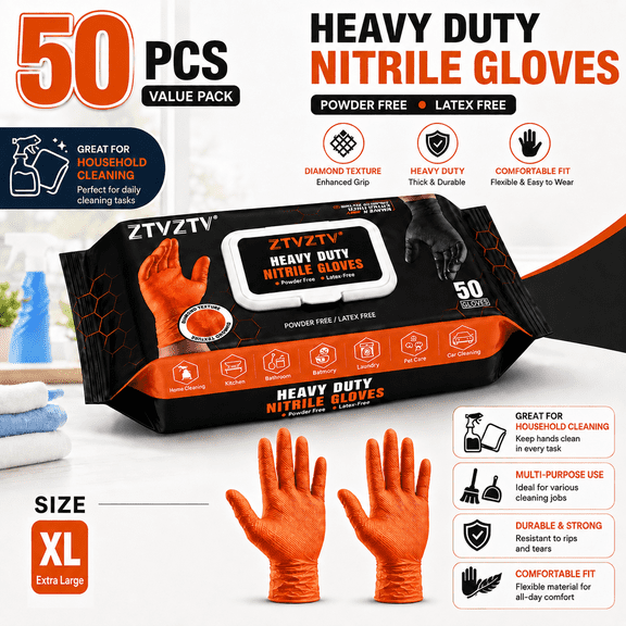 50 PCS HeavyDuty Disposable Nitrile Gloves, Diamond Textured Surface, PowderFree LatexFree, MultiUse for Mechanics, Plumbing, Garden, Household, Industrial and Food Prep,Orange, XL