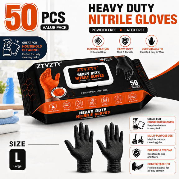 50 PCS HeavyDuty Disposable Nitrile Gloves, Diamond Textured Surface, PowderFree LatexFree, MultiUse for Mechanics, Plumbing, Garden, Household, Industrial and Food Prep,Black,Large