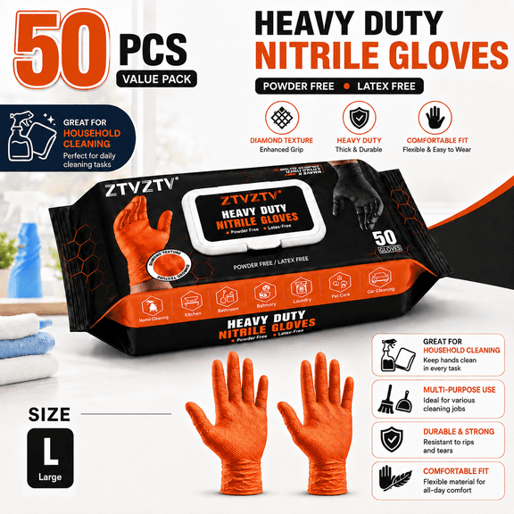 50 PCS HeavyDuty Disposable Nitrile Gloves, Diamond Textured Surface, PowderFree LatexFree, MultiUse for Mechanics, Plumbing, Garden, Household, Industrial and Food Prep,Orange, Large