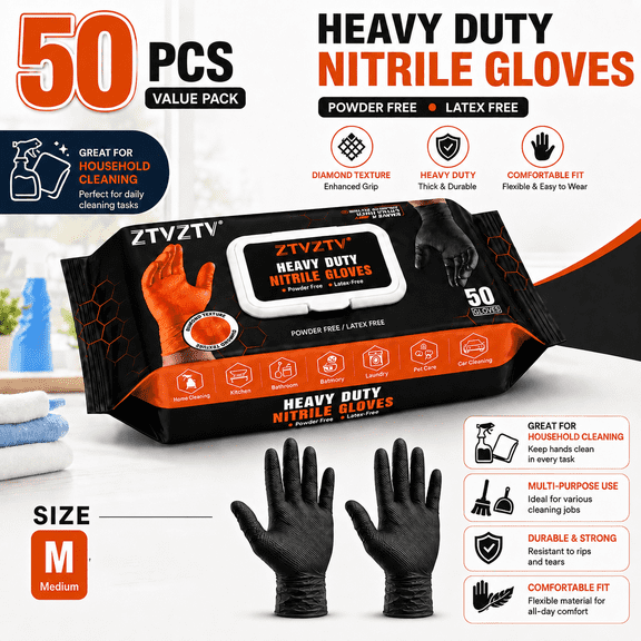 50 PCS HeavyDuty Disposable Nitrile Gloves, Diamond Textured Surface, PowderFree LatexFree, MultiUse for Mechanics, Plumbing, Garden, Household, Industrial and Food Prep,Black, Medium