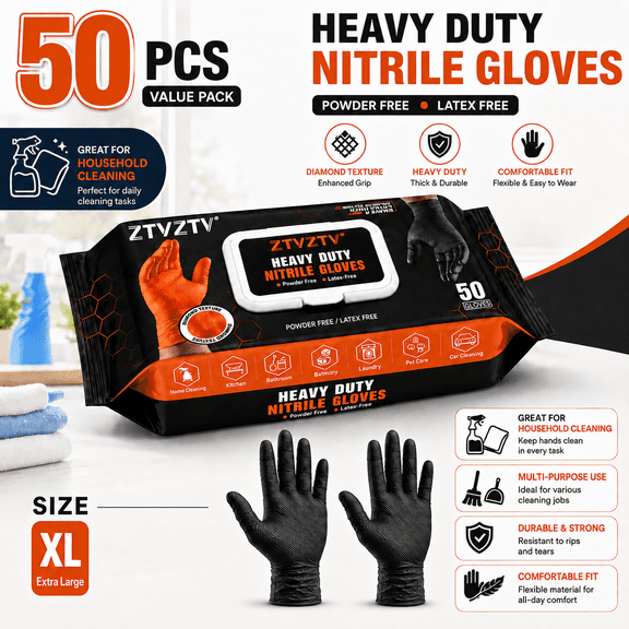 50 PCS HeavyDuty Disposable Nitrile Gloves, Diamond Textured Surface, PowderFree LatexFree, MultiUse for Mechanics, Plumbing, Garden, Household, Industrial and Food Prep,Black,XL