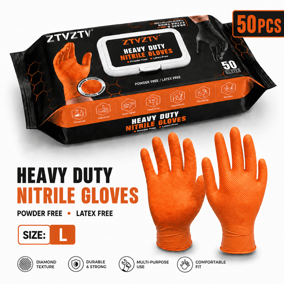 50 PCS Heavy Duty Nitrile Gloves, PowderFree LatexFree Disposable Work Gloves, Diamond Textured, MultiPurpose for Industrial, Auto Repair, Household, Plumbing, Garden, Food Prep, Orange, Large