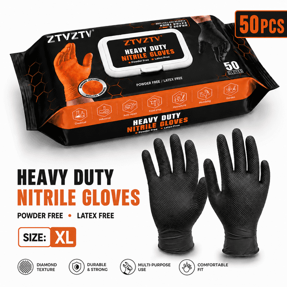 50 PCS Heavy Duty Nitrile Gloves, PowderFree LatexFree Disposable Work Gloves, Diamond Textured, MultiPurpose for Industrial, Auto Repair, Household, Plumbing, Garden, Food Prep, Black,XL